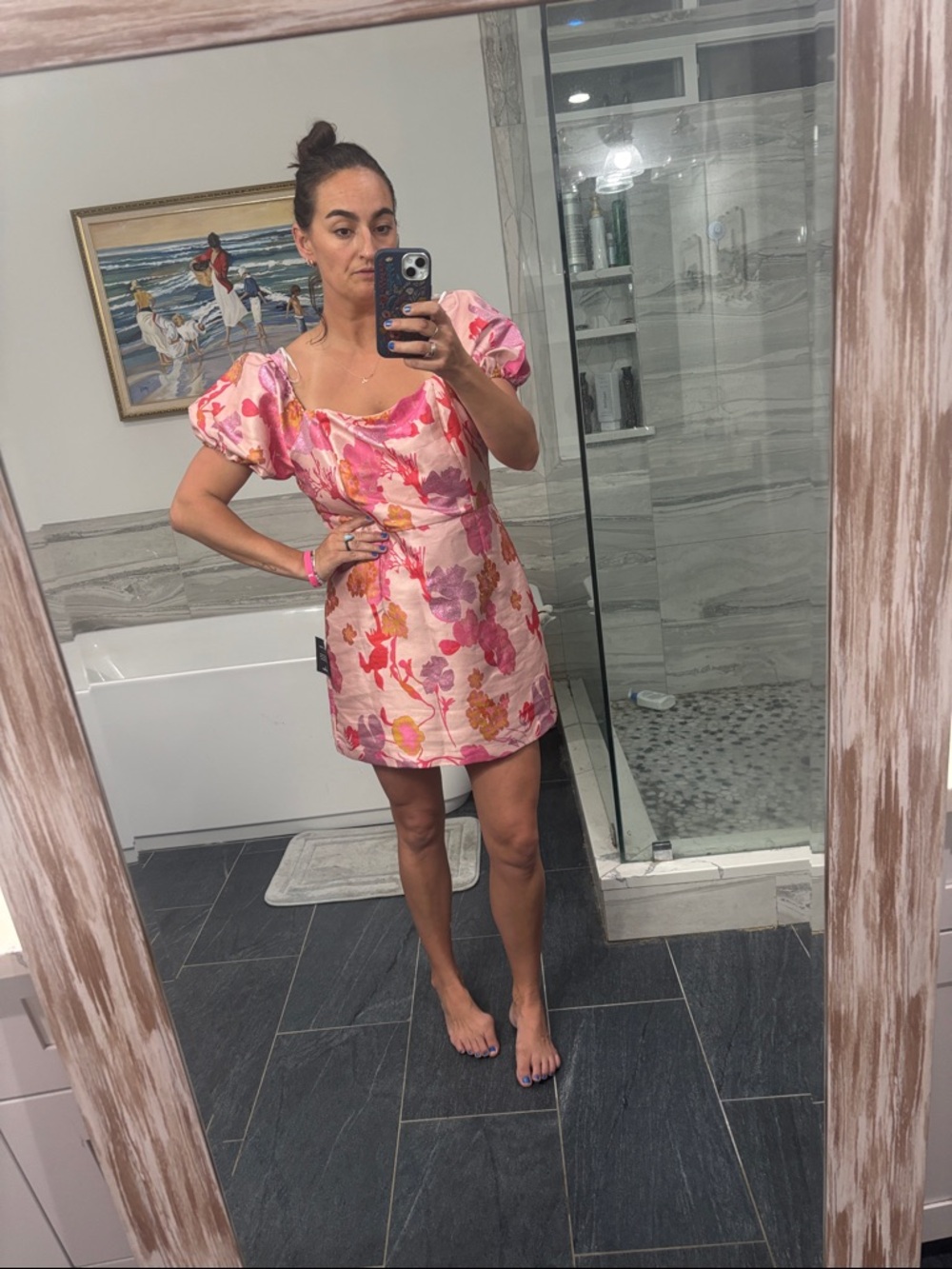 NWT Lulus So Stunning PINK Multi Floral Jacquard Puff Sleeve Mini Dress - Picture 9 of 11
